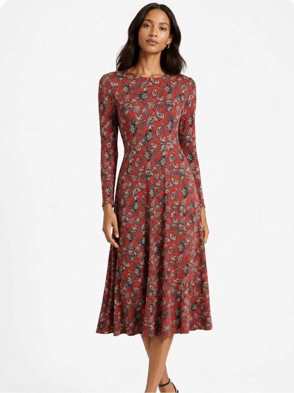 BODEN Floral Long-Sleeve Midi Dress in Rust Size 8